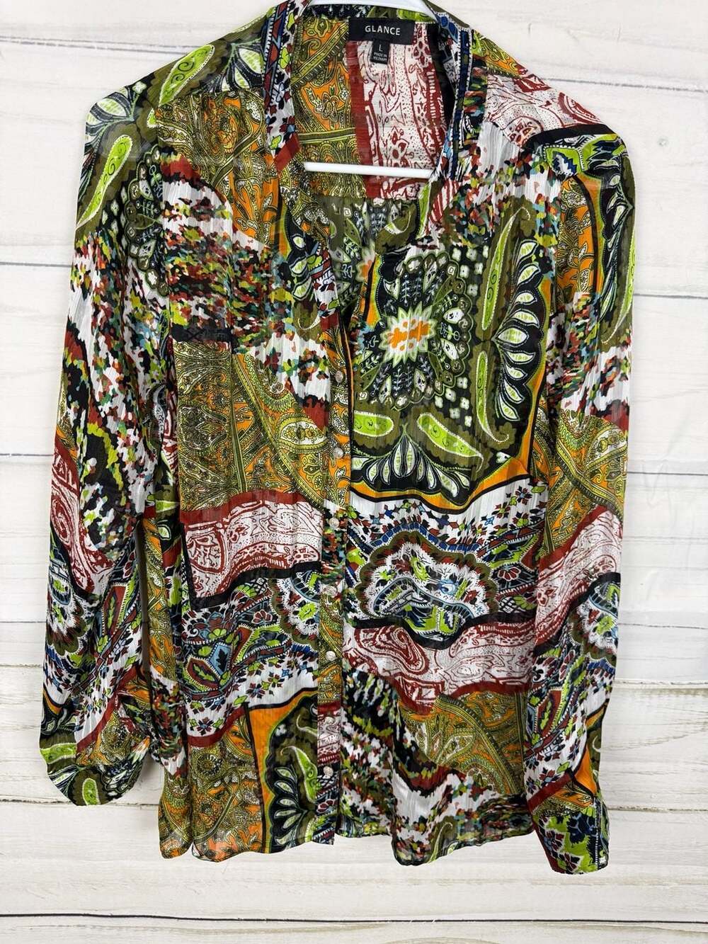 GLANCE Women's Sheer Patchwork Paisley Button Down Shirt Size L